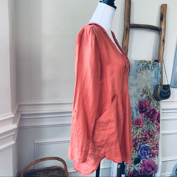 FOR CYNTHY BURNT ORANGE LINEN HOODED TUNIC TOP COVER UP - Picture 12 of 14